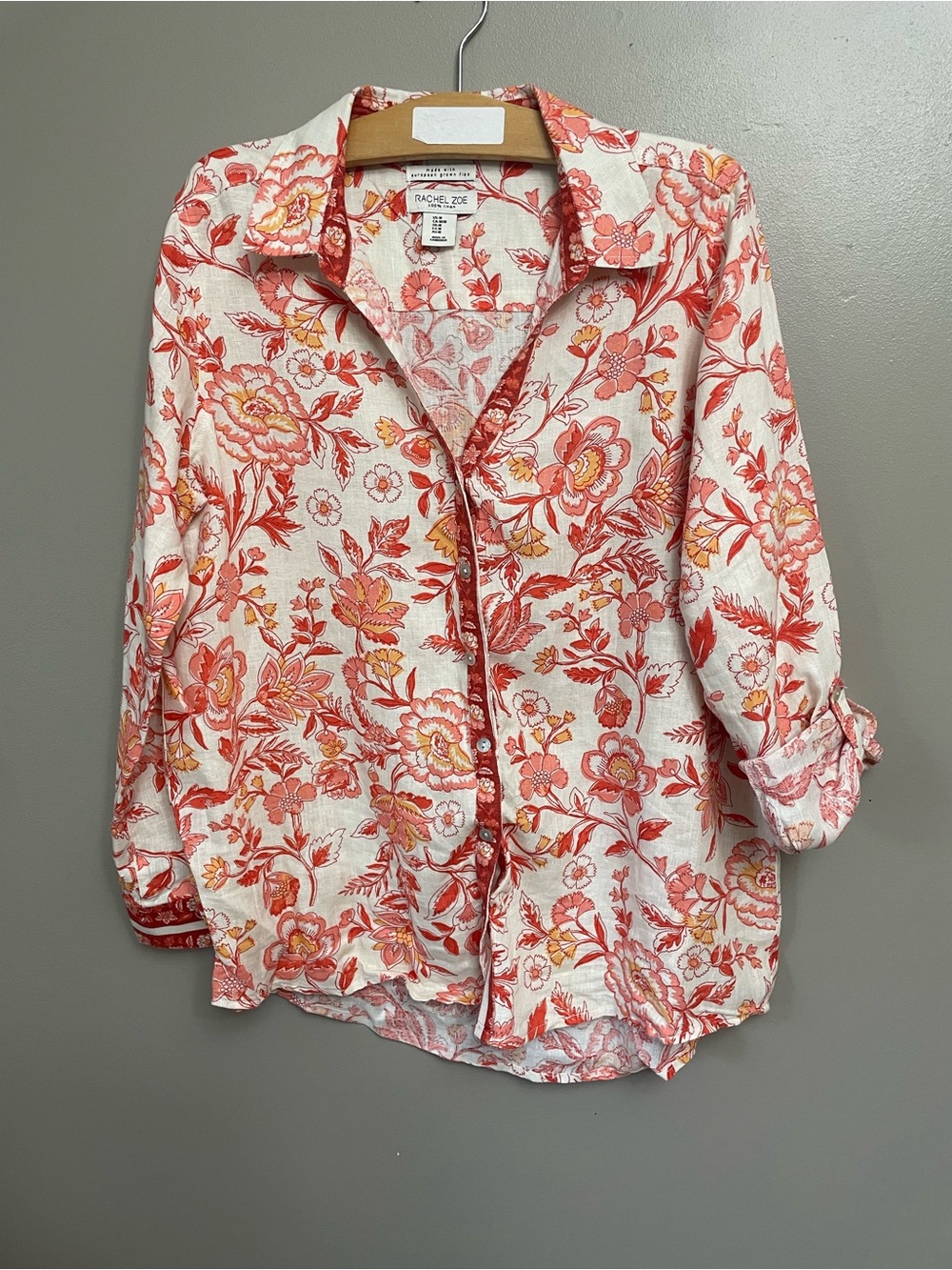 Rachel Zoe White Button-Down Shirt with Coral and Peach Floral Print
